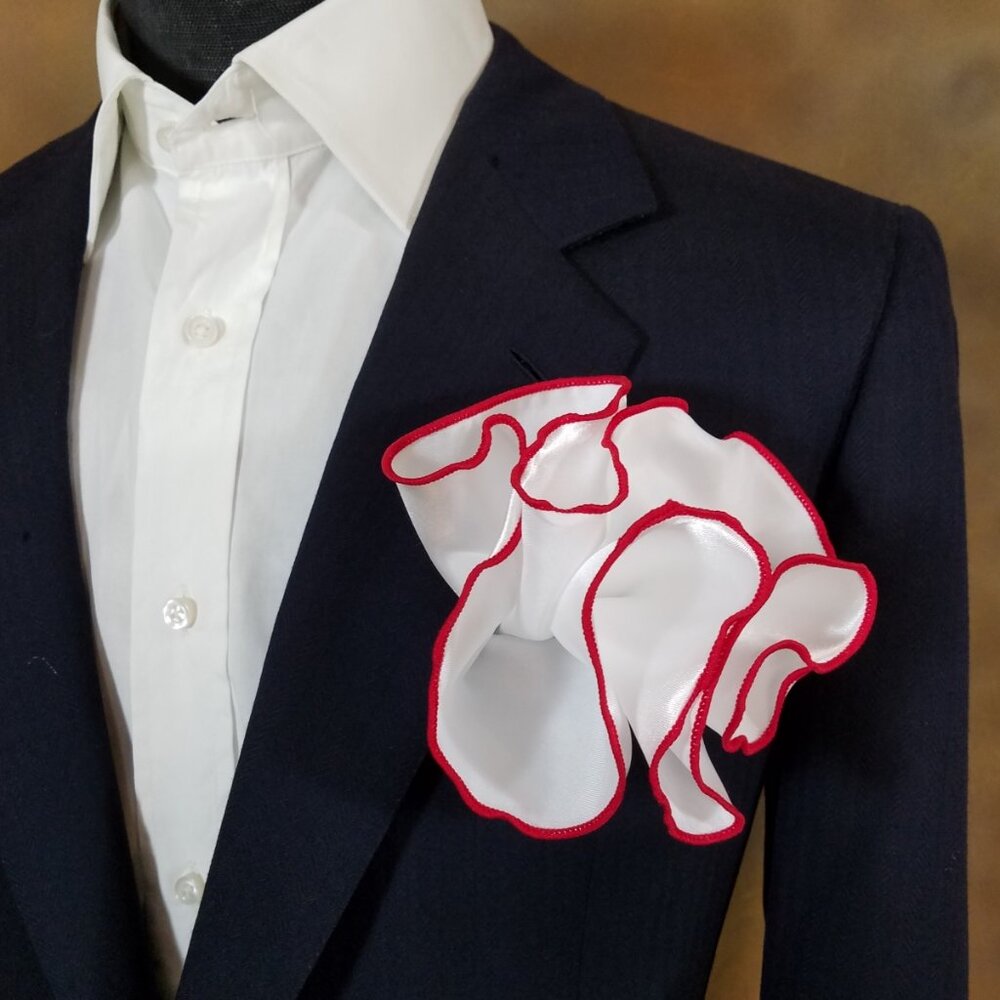 White Satin 2-in-1 Pouf Round Pocket Square with Red Trim